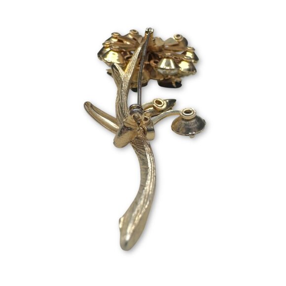 Unsigned Brown Clear Crystal Layered Glass Gold Flower Brooch - Picture 4 of 11